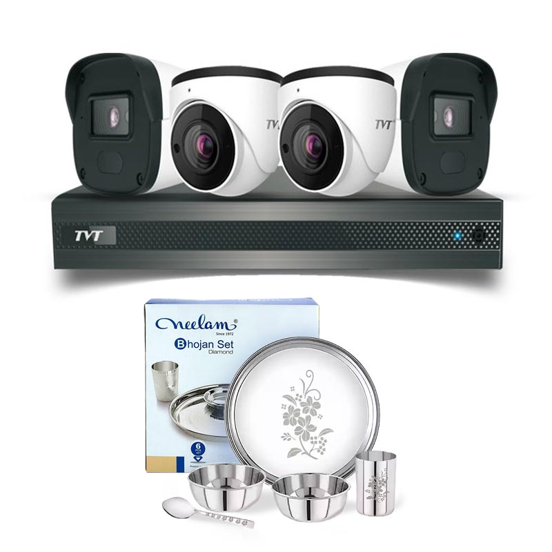 Picture of TVT 4 CCTV Cameras Combo (2 Indoor & 2 Outdoor CCTV Cameras) 👨🏻‍🔧With CCTV Installation + DVR + HDD + Accessories + Power Supply + 90m Cable  + Neelam Dinner Set 